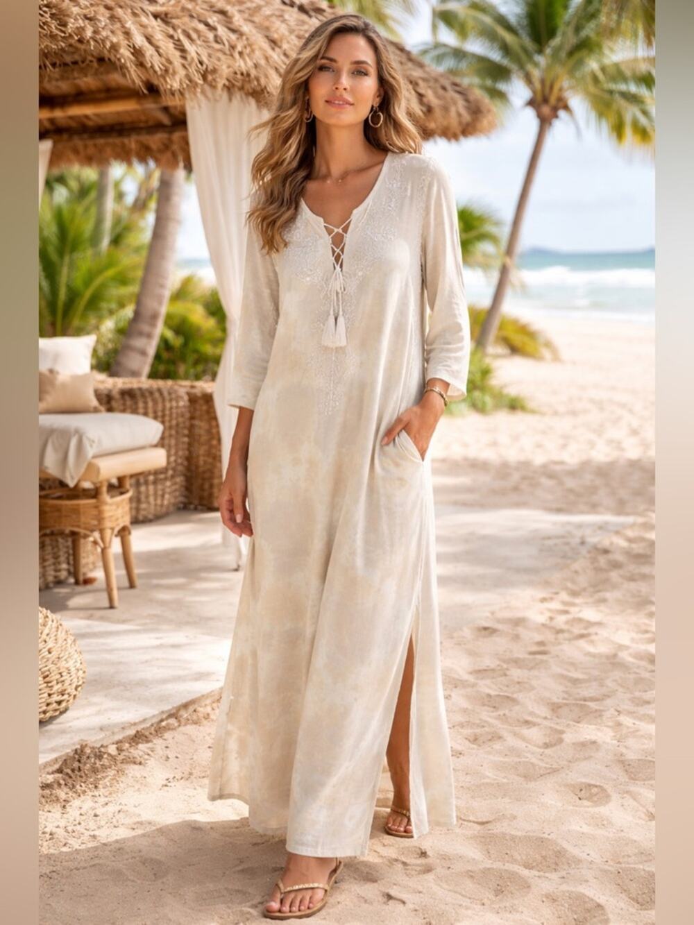 NWT Soft Surroundings Ibiza Tie Dye Caftan Maxi Dress Medium Embroidered Boho